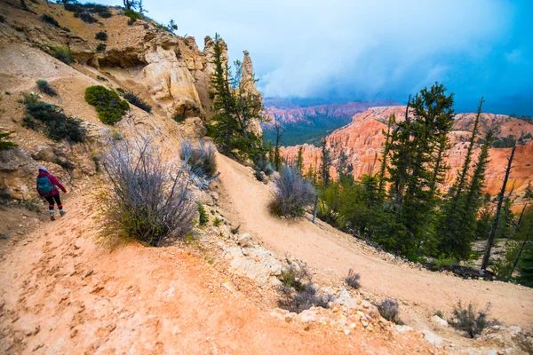 Girl Hiker on Peek-a-boo loop trail Bryce Canyon — Stock Photo, Image