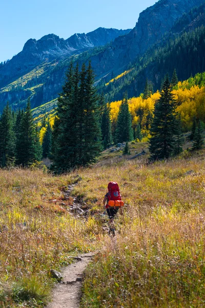 Természetjáró hátizsákos Colorado őszi lombozat színek — Stock Fotó