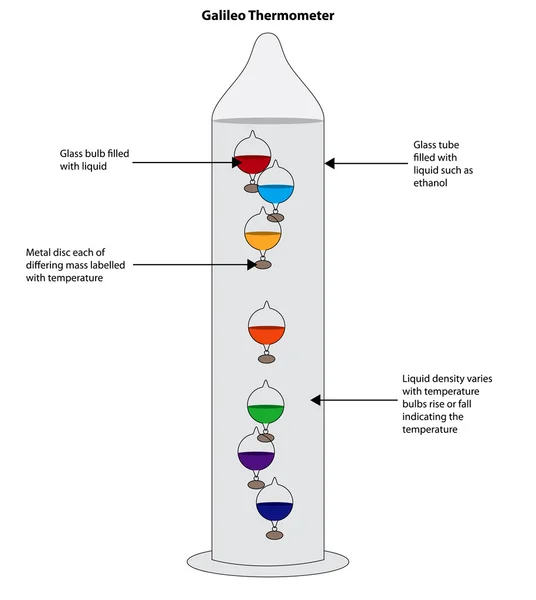 Galileo thermometer showing liquid filled glass bulbs indicating — Stock Vector