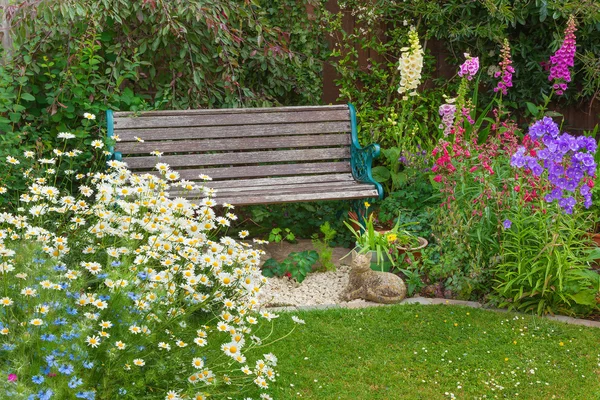 Tuin met zomerbloemen en houten bankje. — Stockfoto