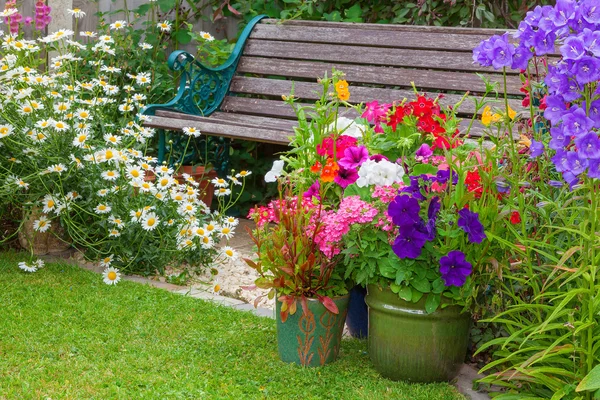Jardim de casa de campo com banco e recipientes cheios de flores — Fotografia de Stock
