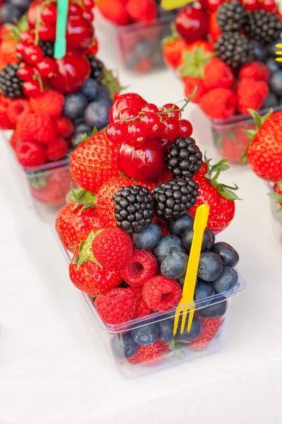 Disposizione variopinta di bacche di frutto fresche pronte da mangiare su un ma — Foto Stock