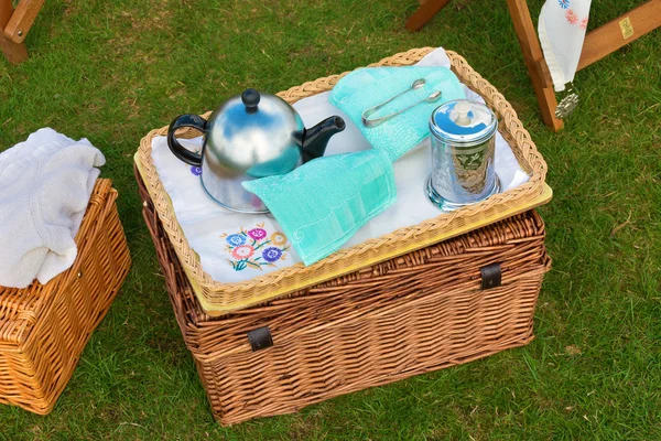 Wicker basket set for afternoon tea — Stock Photo, Image