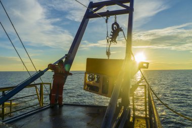  worker recovering robotics Remote Operated Vehicle (ROV) after entering sea surface during oil and gas pipeline inspection in the middle of South China Sea isolated on sunrise with glare clipart