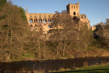 Jedburgh Abbey ve Jed Water sabahın erken saatlerinde