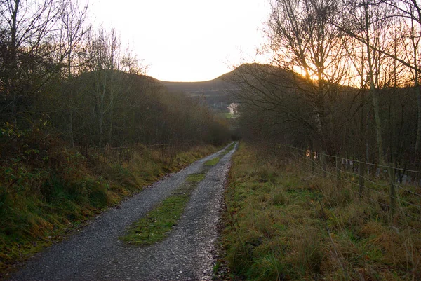 Shunters pista de madera y colinas de Eildon en los primeros inviernos por la mañana — Foto de Stock