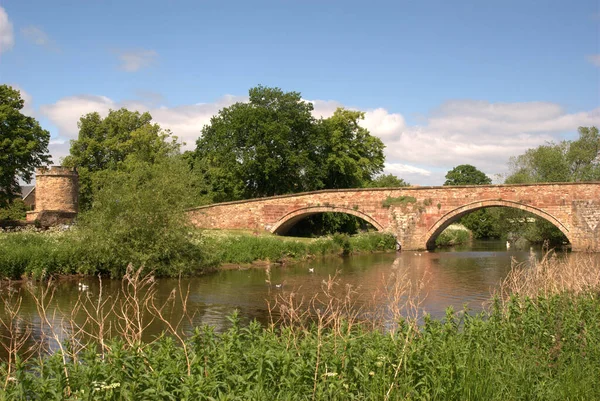 Steinbrücke und Turm am Fluss Tyne Haddington im Sommer — Stockfoto