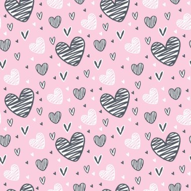 Şirin, sonu gelmeyen pembe arka plan ve farklı kalpler. Sevgililer Günü için düz vektör çizimi. Yazdırma için sevgi deseni