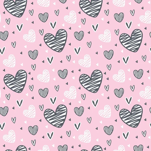 Lindo Interminable Doodle Fondo Rosa Con Diferentes Corazones Ilustración Vector — Archivo Imágenes Vectoriales