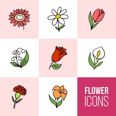 İnce çizgi şeklinde ayarlanmış renkli çiçek vektör simgesi. Özgeçmiş ve kalıplar için illüstrasyon