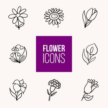 Düz vektör ana hatları çiçek simgeleri ayarlandı. Arkaplan ya da desenler için resim