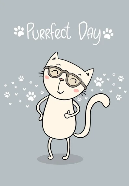 Αστεία Μικρή Ζωγραφισμένη Στο Χέρι Γάτα Γυαλιά Χαμογελώντας Κείμενο Purrfect — Διανυσματικό Αρχείο