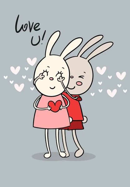 Two Lovely Cartoon Rabbits Happy Valentines Day Greeting Card Flat — Stock Vector