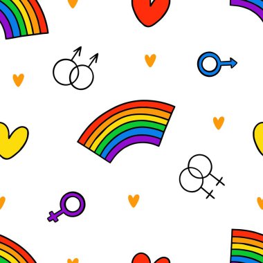 Igbt gökkuşağı, kalpler ve cinsiyet sembolleriyle hiç bitmeyen karalama deseni. Gay gururu. Gurur Ayı. Aşk, özgürlük, destek, lgbtq+ 