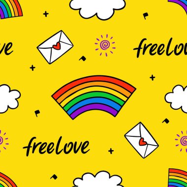 Igbt gökkuşağı, kalp, metin, bulutlar ve güneş ışığı ile hiç bitmeyen karalama deseni. Gay gururu. Gurur Ayı. Aşk, özgürlük, destek, lgbtq+ 