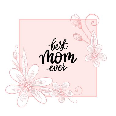 Anneler Günü için yumuşak çiçekler ve hediye kartları için harflerle yazılmış çerçeveli şirin bir el çizimi sunar.