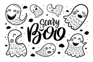 Siyah beyaz elli 9. set Korkunç Boo Cadılar Bayramı çizimleri. Vektör karalama ögeleri ve harf