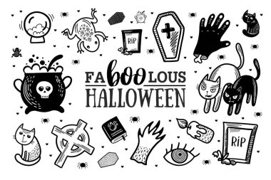 Üçüncü sette siyah beyaz el çizilmiş cadılar bayramı çizimleri. Vektör karalama ögeleri ve harf