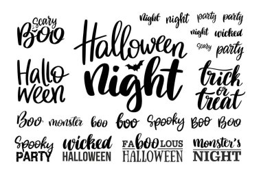 El yazısıyla yazılmış kelimeler ve cümleler. Cadılar Bayramı için siyah ve beyaz vektör çizimi