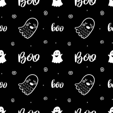Komik hayaletler ve el yazması metinlerle hiç bitmeyen vektör arkaplanı. Cadılar Bayramı için siyah beyaz karalama çizimi