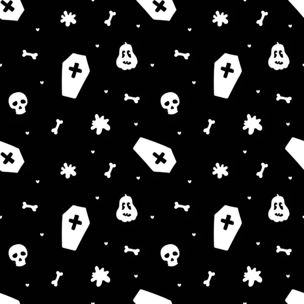 Never Ending Vector Background Funny Pumpkins Skulls Bones Coffins Black — Stock Vector