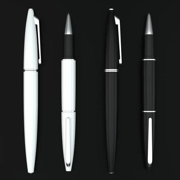 White and black ball pens mockup on black bacground — Stok fotoğraf