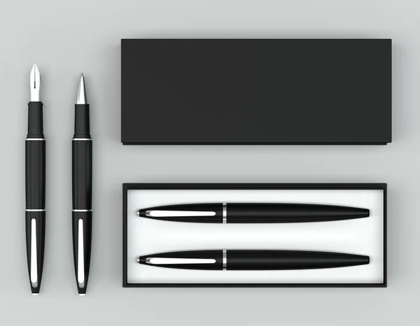 Writing set. Ball pen and ink pen with a box on a bright backgro — Stock Photo, Image