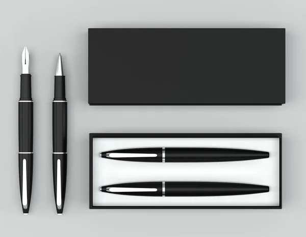 Conjunto de escrita. Caneta esferográfica e caneta com uma caixa em um backgro brilhante — Fotografia de Stock