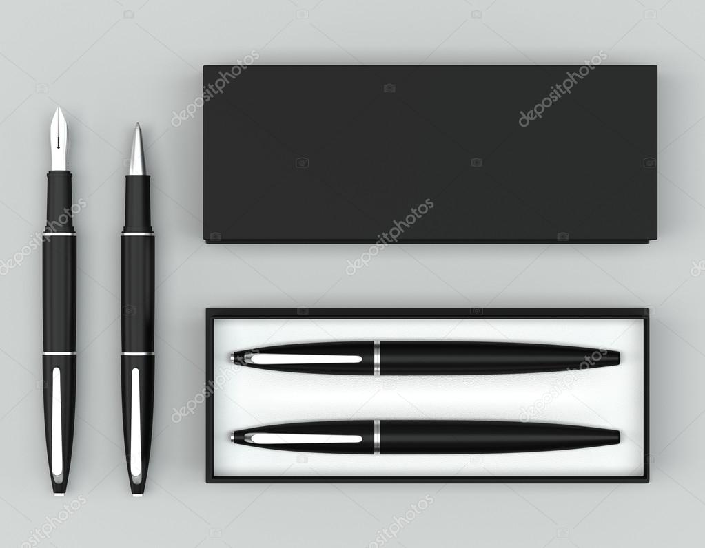 Writing set. Ball pen and ink pen with a box on a bright backgro Stock