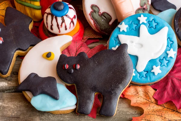 Gatto nero, mezzaluna, fantasma e maledetti biscotti di Halloween — Foto Stock