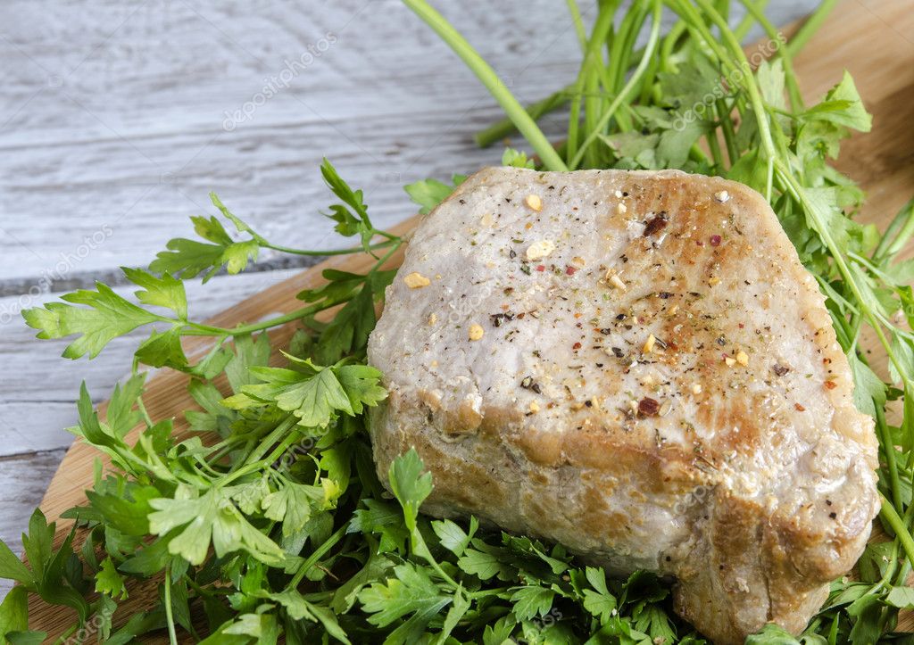 Fried steak with olive oil and spices ⬇ Stock Photo, Image by © dulsita