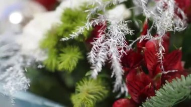 Vazodaki bir buket çiçek, kozalaklı karanfiller, Noel ağaçları ve renkli dallar gibi.