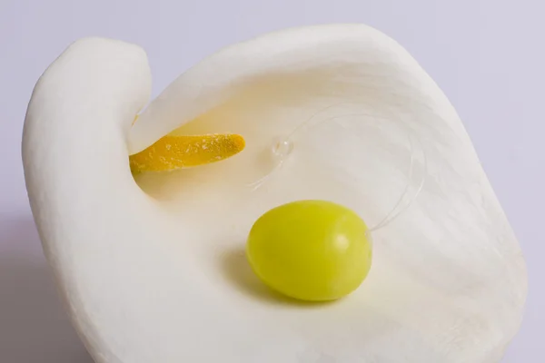L'uovo di giada si trova su un fiore bianco Foto Stock