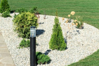 Özel bir bahçede peyzaj. Doğal taş kaldırım ve yeşil çimen.