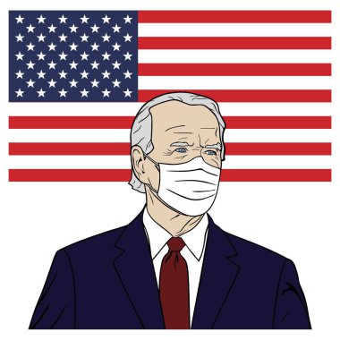 ABD Başkanı, Joe Biden Maskeli Portre, Düz Tasarım, Pop Art Design, Vector, Illustration. Washington