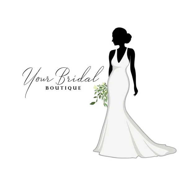 Gyönyörű Menyasszonyi Ruhák Csokorral Virág Menyasszonyi Boutique Logo Koszorúslány Ruhák — Stock Vector