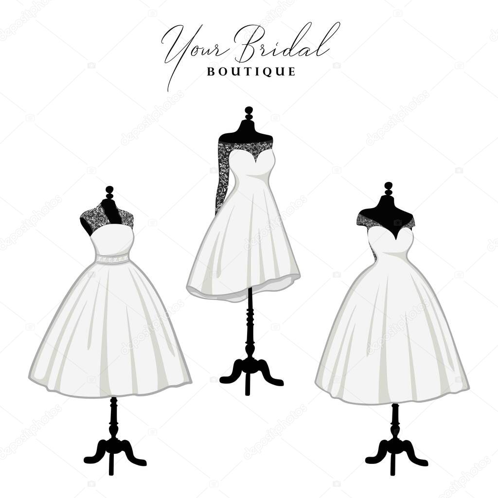 Beautiful Short Laces Dress Bridal Boutique Logo Ideas Set, Gown Logo Set, Bridesmaid Dress Vector Design Template