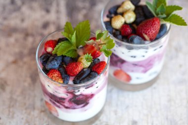 Kahvaltıda. İki bardak yoğurt ve dut.