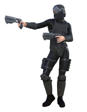 Silahlı, siyah takım elbiseli, miğferli, 3D resimli gelecekçi asker.