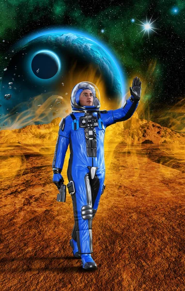Astronaut Promenader Främmande Planet Med Månar Illustration — Stockfoto