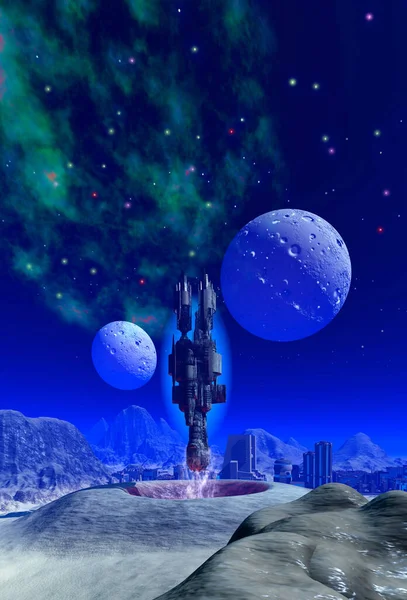 spaceship starting from alien Planet with moons, mountains and space base, 3d illustration