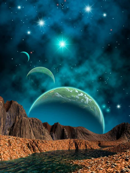 Luna Estrellas Sistema Planetario Alienígena Ilustración —  Fotos de Stock