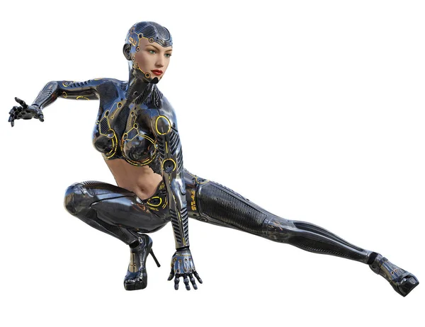 Soldado Futurista Mujer Cyborg Uniforme Metálico Negro Ilustración — Foto de Stock
