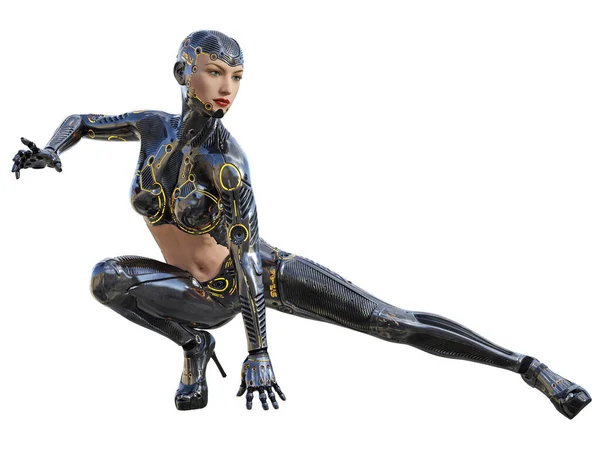 Gelecekçi asker, siyah metalik üniformalı Cyborg kadın, 3D çizim.