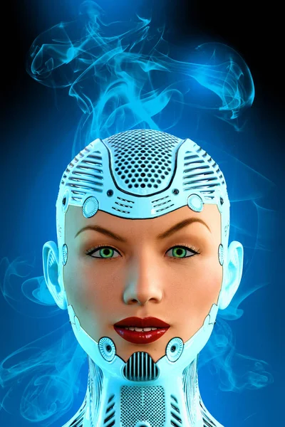 Cara Mujer Cyborg Una Armadura Azul Ilustración —  Fotos de Stock