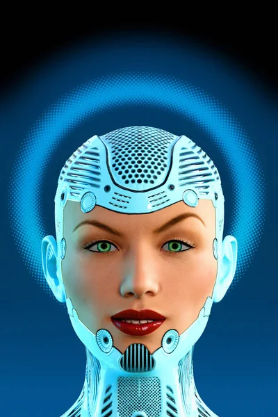 Cyborg Frauengesicht Blauer Rüstung Illustration — Stockfoto