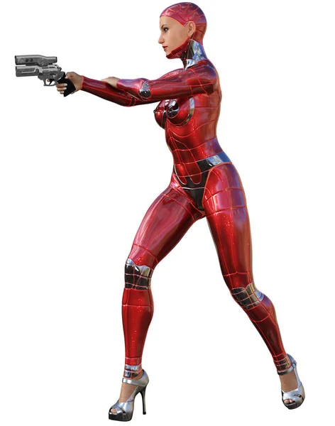 Kyborg Žena Pistolí Ilustrace Futuristický Voják Červené Zbroji — Stock fotografie
