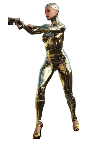 銃と3Dイラストの黄金の鎧を着たサイボーグの女性 — ストック写真