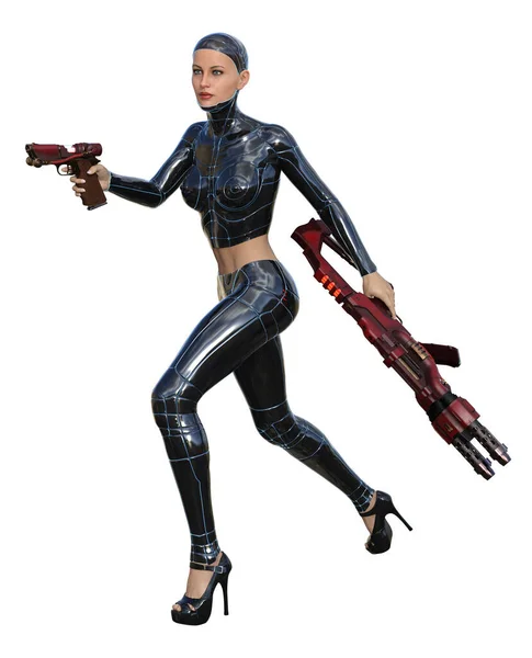 Soldat Futuriste Femme Cyborg Avec Pistolet Fusil Illustration — Photo
