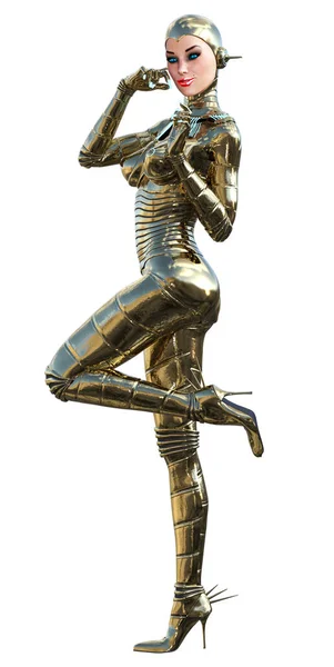 Cyborg Kobieta Sexy Pin Metalicznej Sukience Renderingu — Zdjęcie stockowe